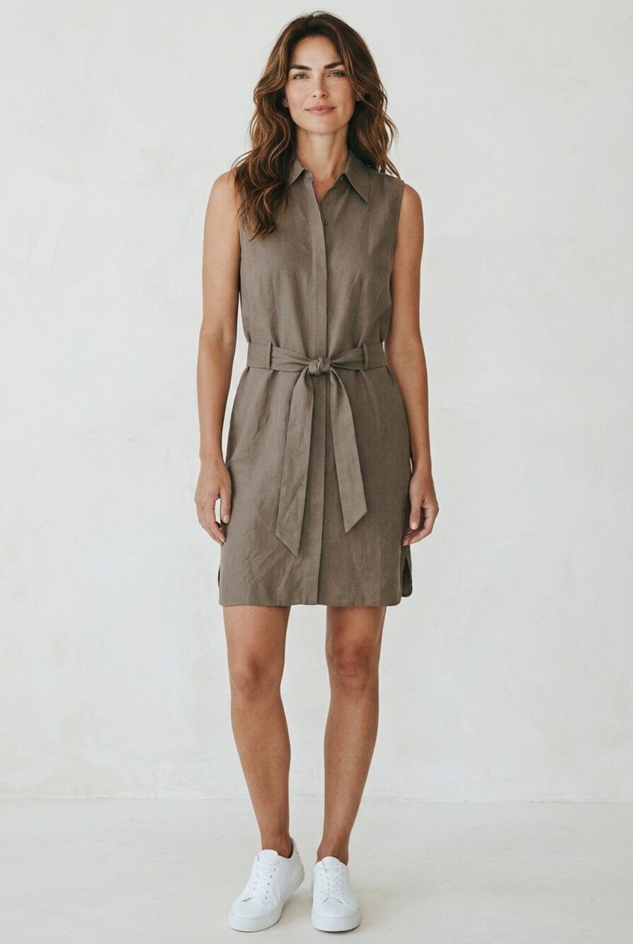 6 Laundry Shelli Segal Dress Linen Short Sleeveless Shirtdress Olive Green